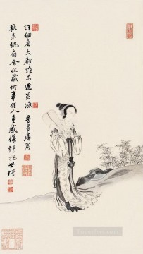 Tang yin doncella tríptico chino antiguo Pinturas al óleo